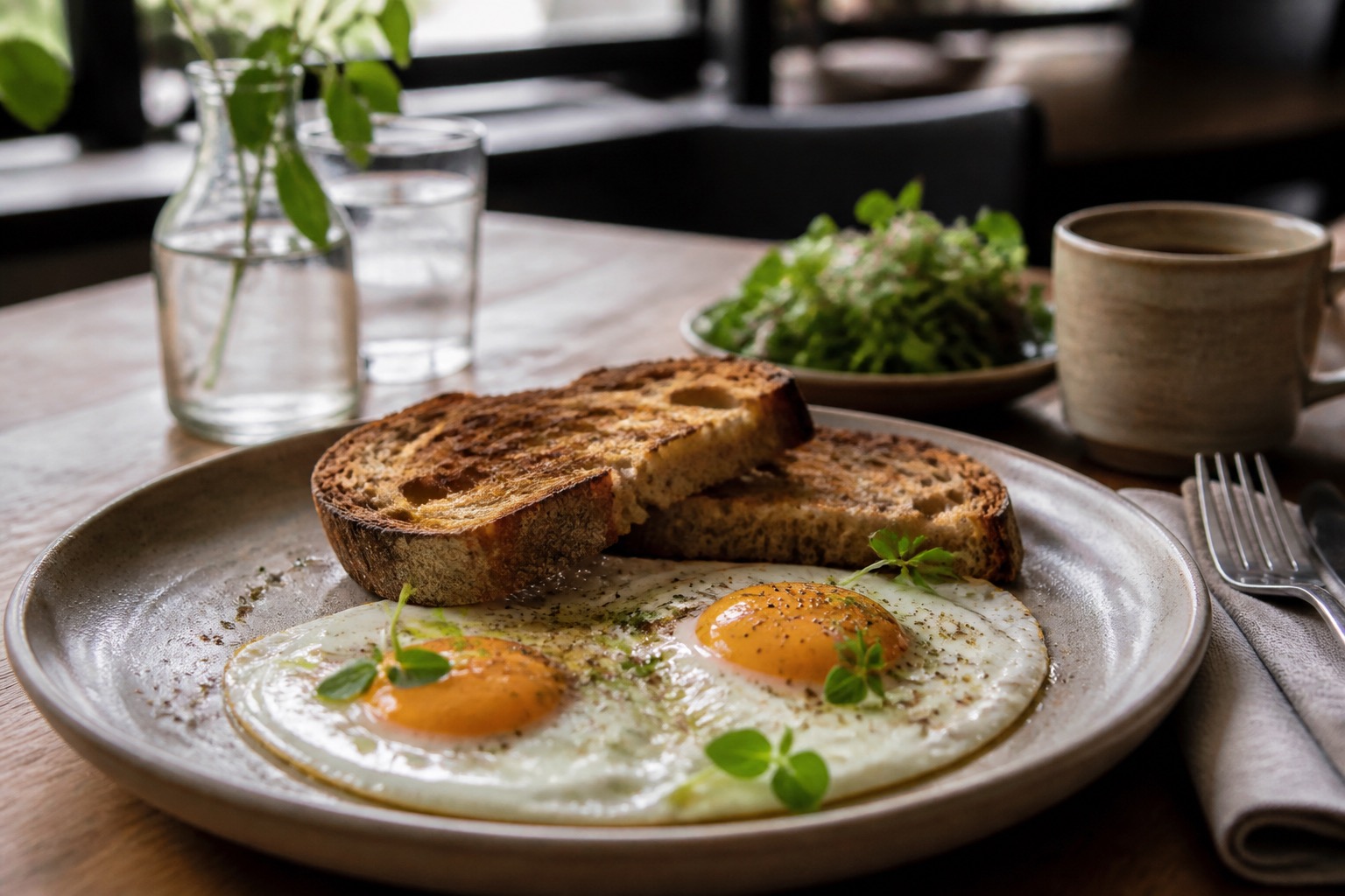 Mesa de brunch con huevos y tostadas