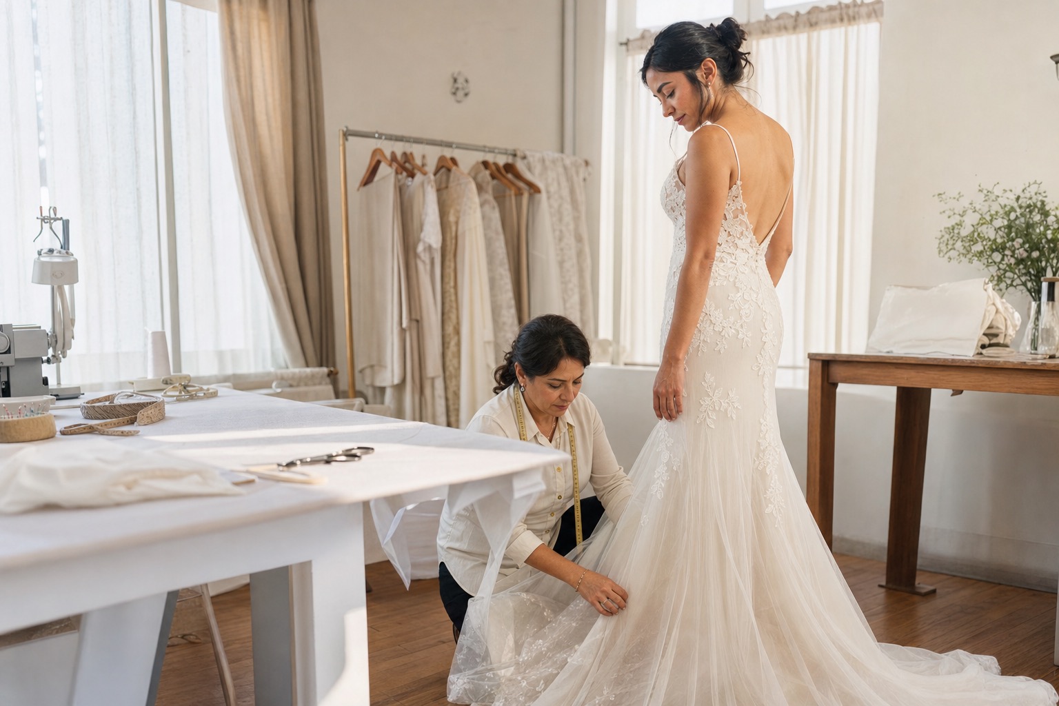 Ajuste de vestido de novia en el taller