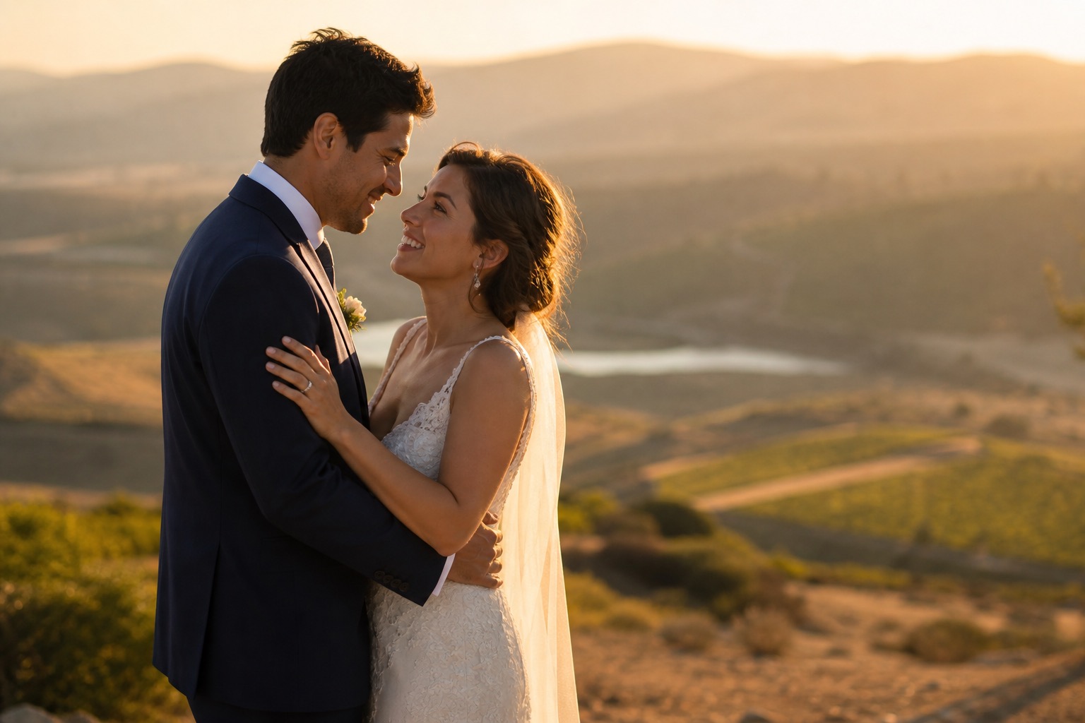 Novios en sesión al atardecer