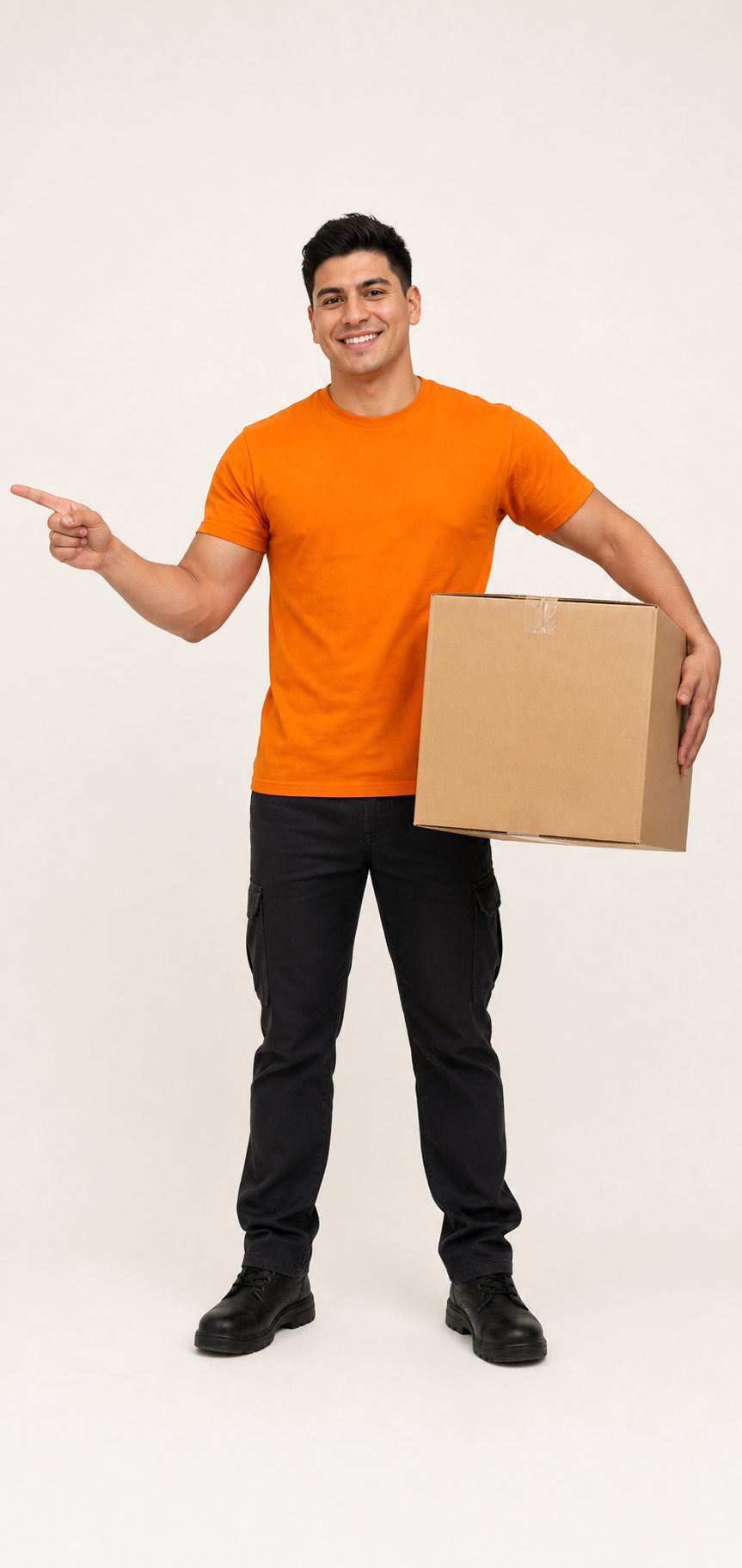 Trabajador de mudanzas con caja indicando el formulario