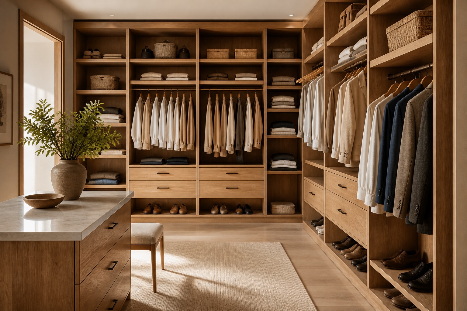 Walk-in closet de madera ordenado