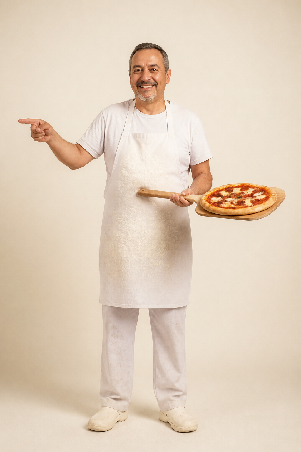 Pizzero con pala de madera indicando el formulario
