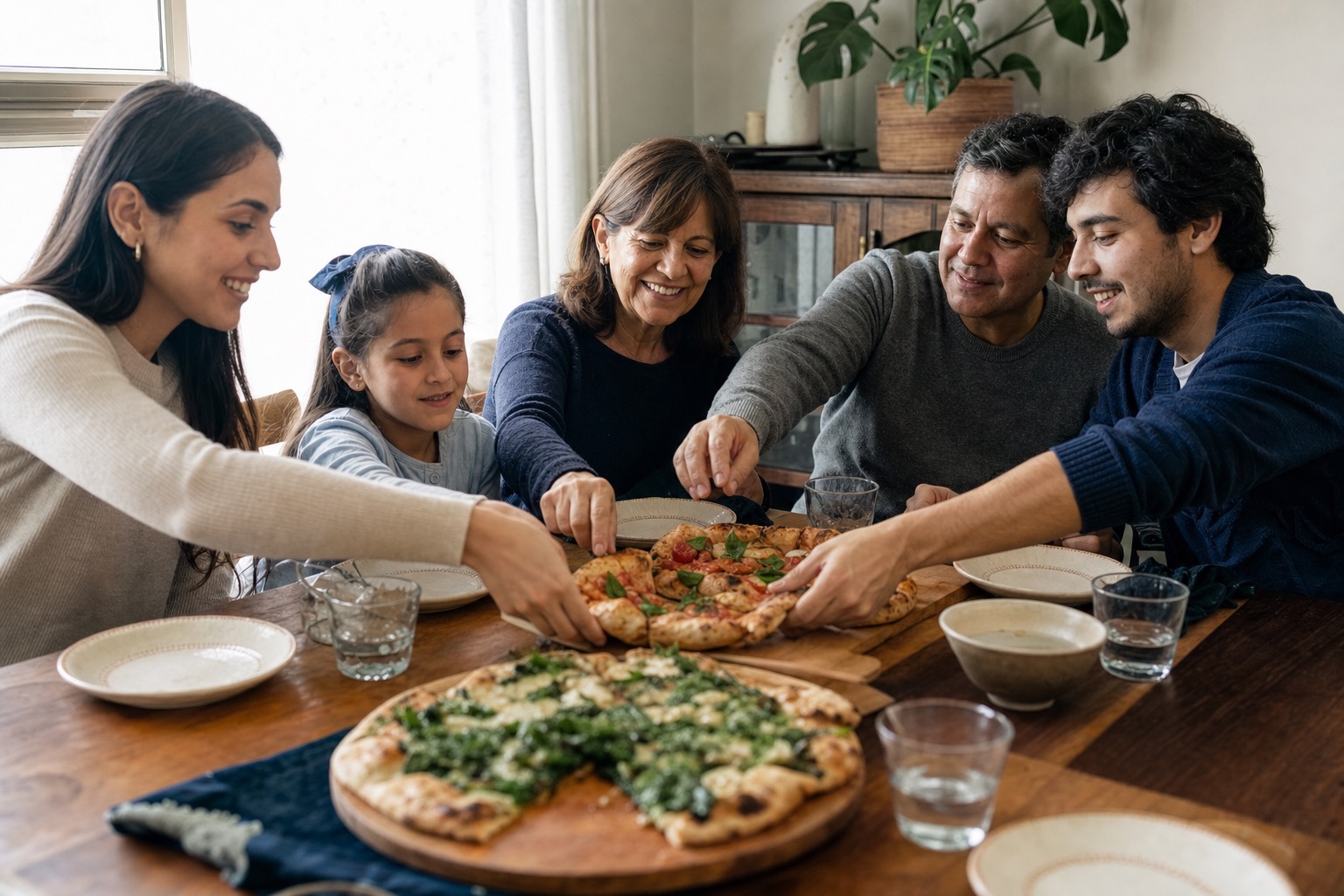 Pizza familiar para compartir en la mesa