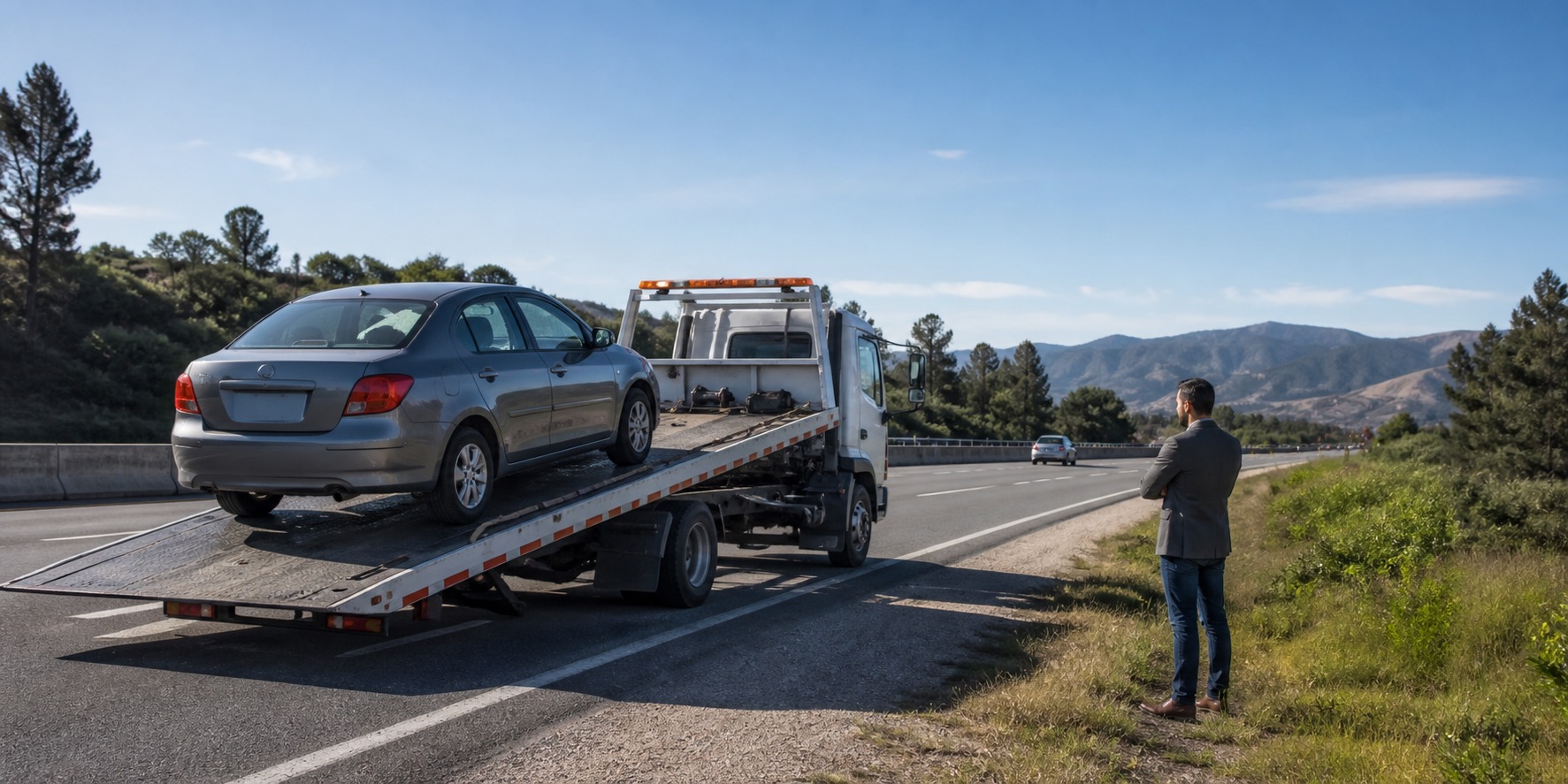 Grúa asistiendo un auto en carretera