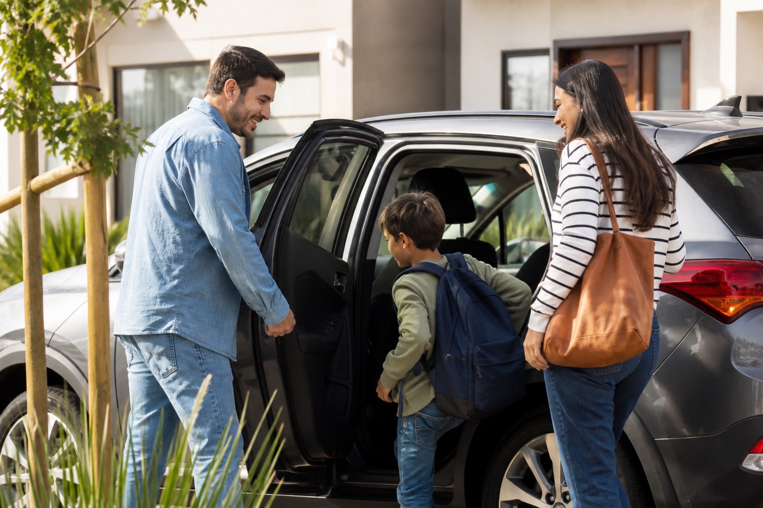 Familia tranquila subiendo a su auto