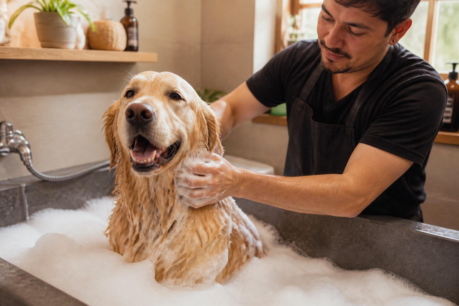 Baño de perro con espuma