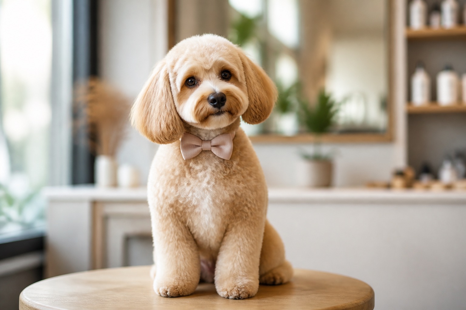 Perro pequeño esponjoso con lazo