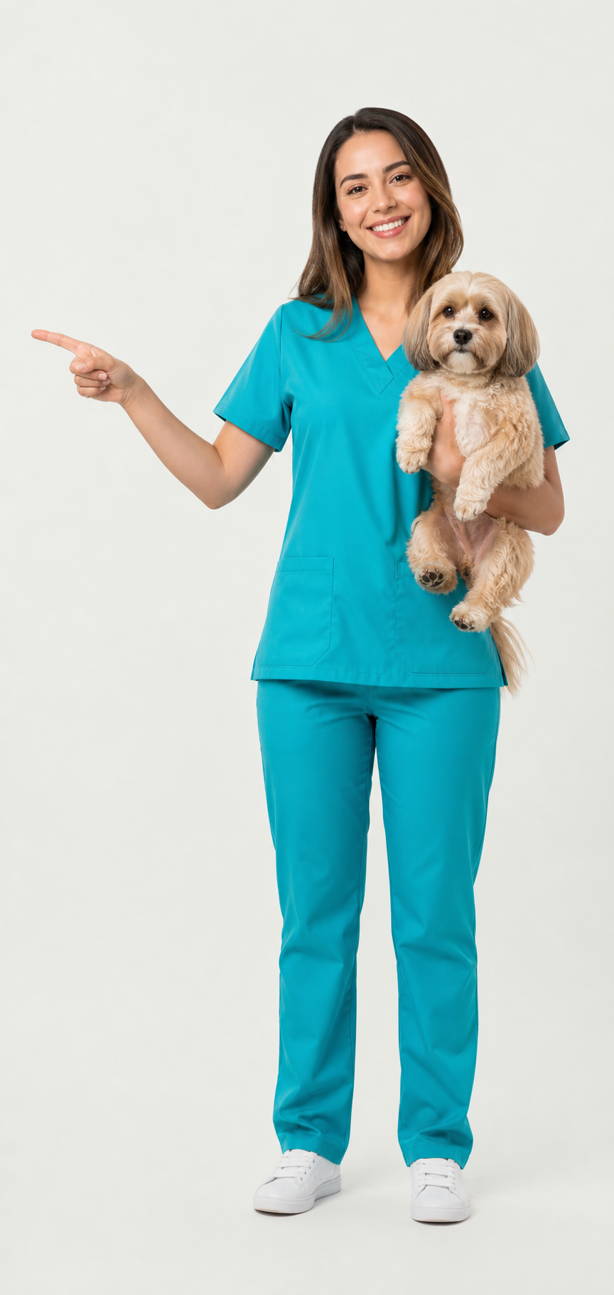Veterinaria con un perrito indicando el formulario